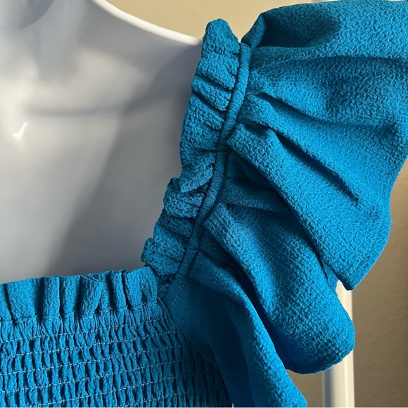 NWT Express Smocked Ruffle Off The Shoulder Dress- Size XS, Blue/Teal - Picture 6 of 11